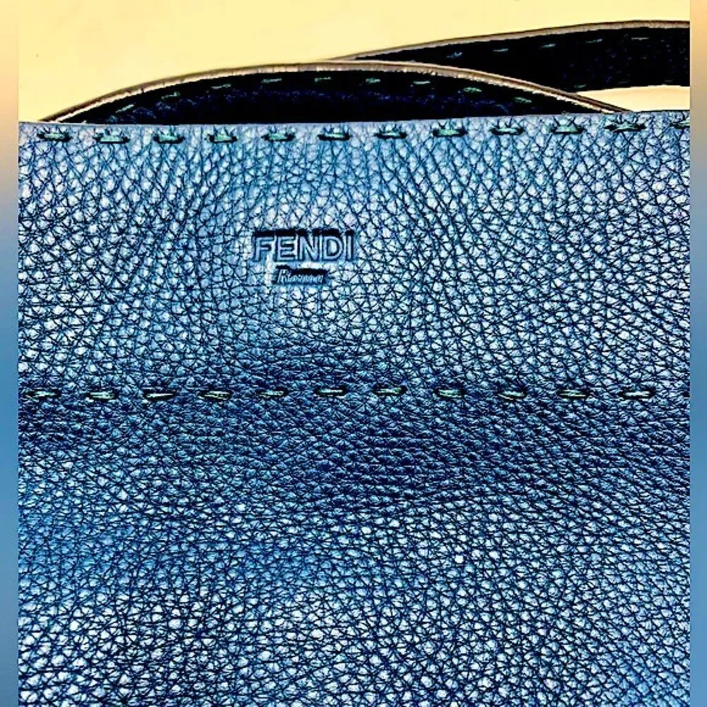 Auth Fendi Cuoio Romano Blue Selleria cLeather 2way Anna Bucket Bag Hobo Shopper - Picture 14 of 16